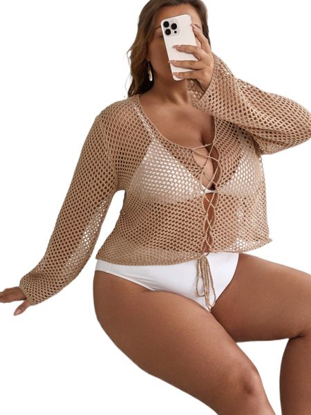 plus hollow out lace up front cover up without bikini w5vz#, Black
plus hollow out lace up front cover up without bikini w5vz#, Black