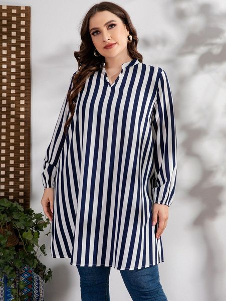 plus vertical striped notched neck lantern sleeve blouse r2f6#, Black
plus vertical striped notched neck lantern sleeve blouse r2f6#, Black