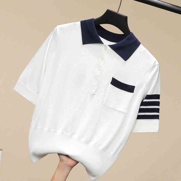 new ice silk knitted t-shirt female back dog pattern casual waist closing lapel tide summer, White