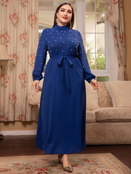 plus pearl beaded lantern sleeve frilled neck belted dress f47h#, Black 
plus pearl beaded lantern sleeve frilled neck belted dress f47h#, Black