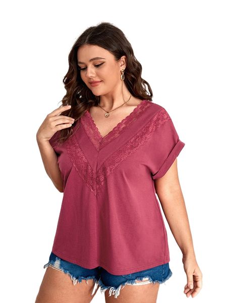 plus contrast lace v-neck tee r147#, Black