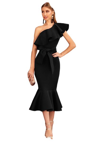 one shoulder exaggerated ruffle trim self belted mermaid dress f8n7#, Black;gray
one shoulder exaggerated ruffle trim self belted mermaid dress f8n7#, Black;gray