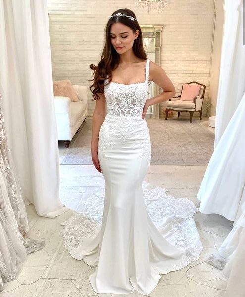 bohemian ivory straps mermaid wedding dress for women square collar lace appliques satin bride dresses robe de mariee lace long tail beach b, White
bohemian ivory straps mermaid wedding dress for women square collar lace appliques satin bride dresses robe de mariee lace long tail beach b, White