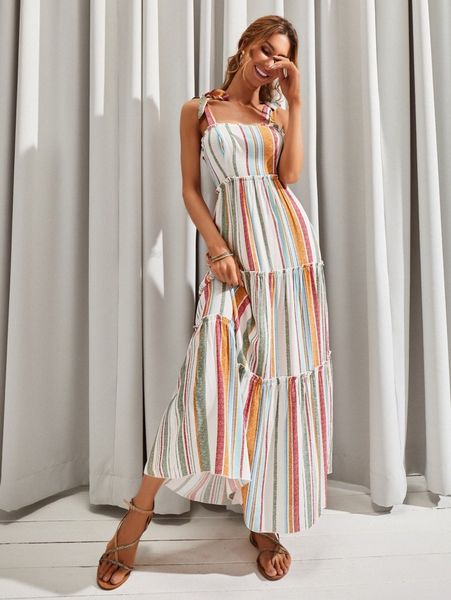 luukse knot shoulder frill trim striped dress v9jh#, Black;gray