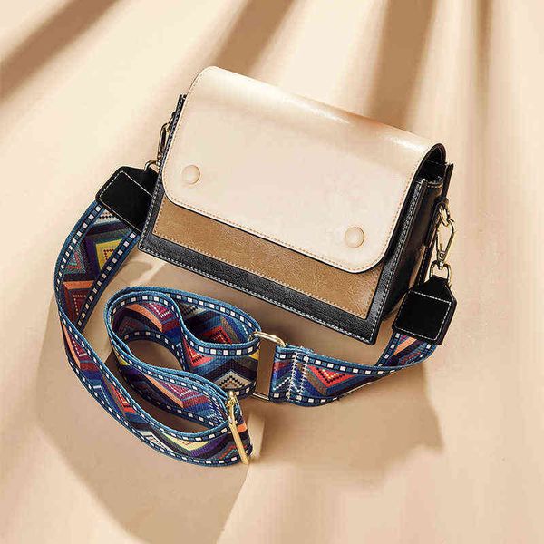 leather women's bag fashion broadband single shoulder messenger bag versatile contrast small square bag 220621