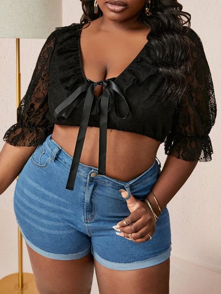 sxy plus tie front flounce sleeve crop lace blouse u63j#, Black
sxy plus tie front flounce sleeve crop lace blouse u63j#, Black