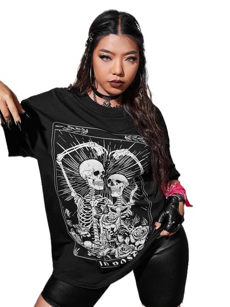 plus skeleton print drop shoulder tee w72y#, Black
plus skeleton print drop shoulder tee w72y#, Black