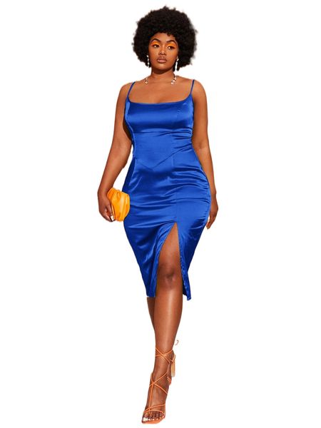 bae plus split thigh satin cami dress g5as#, Black