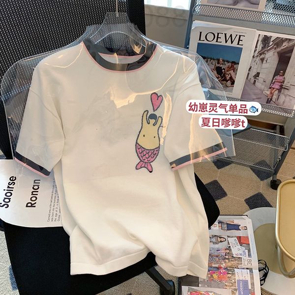 women's t-shirt designer pink sequin cartoon pattern knitted short sleeve women's 2022 summer new design sense of niche round neck, White
women's t-shirt designer pink sequin cartoon pattern knitted short sleeve women's 2022 summer new design sense of niche round neck, White