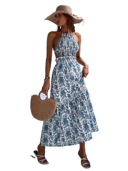 tie backless cut out side shirred bodice floral print halter dress f4qg#, Black;gray
tie backless cut out side shirred bodice floral print halter dress f4qg#, Black;gray
