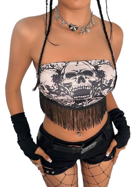skull print fringe trim backless crop tube 23n0#, White 
skull print fringe trim backless crop tube 23n0#, White