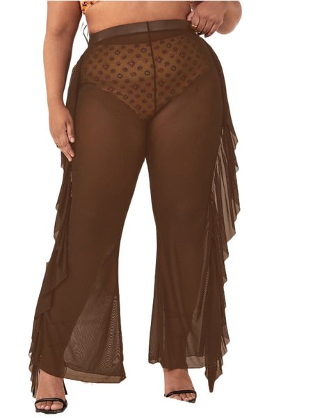 plus ruffle trim cover up pants v1r7#, Black