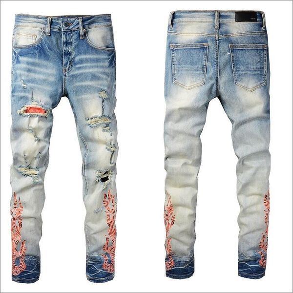 rose embroidery jeans fashion blue black ripped male tide slim pants#076 
rose embroidery jeans fashion blue black ripped male tide slim pants#076