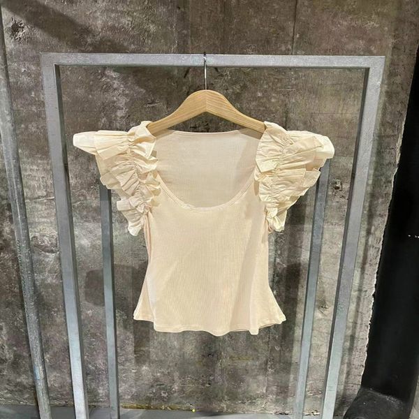 women's t-shirt pleated flying sleeve knitted splicing shirt summer slim fit short t-shirt women's fashion, White
women's t-shirt pleated flying sleeve knitted splicing shirt summer slim fit short t-shirt women's fashion, White