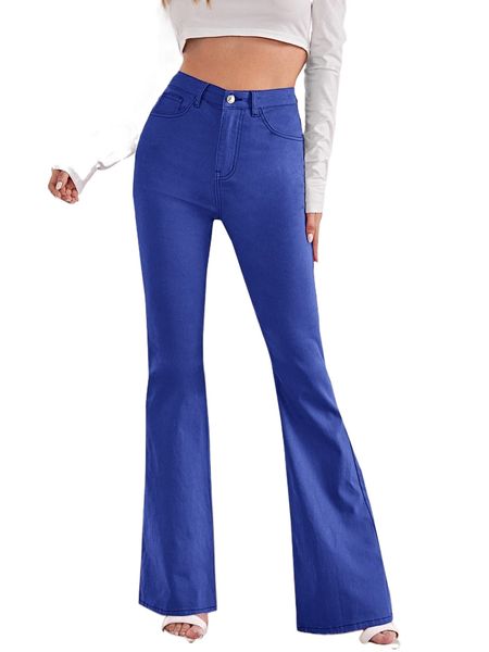 solid high waist flared jeans x0lz#, Blue