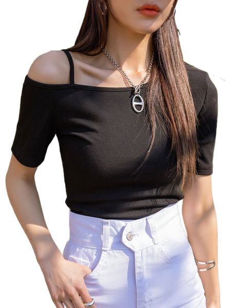 dazy asymmetrical shoulder solid tee n1we#, White