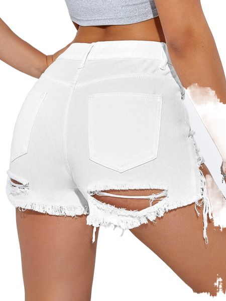 ripped frayed hem denim shorts 56v2#, White;black 
ripped frayed hem denim shorts 56v2#, White;black
