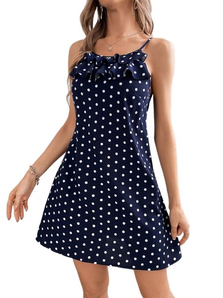 polka dot ruffle trim cami dress s1mm#, Black;gray