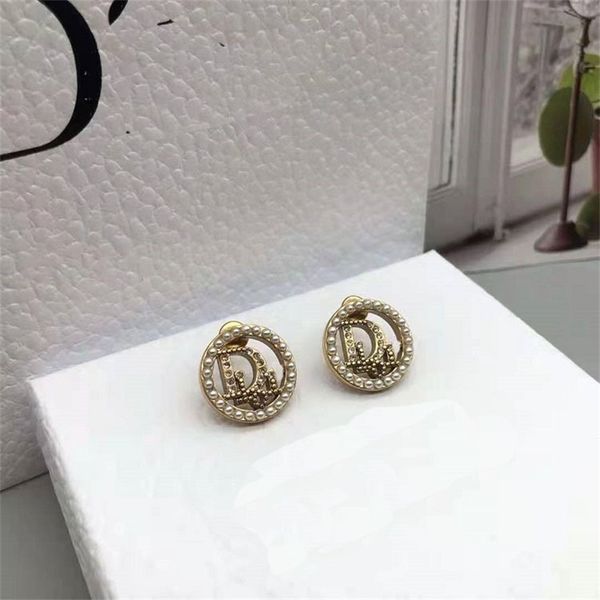 ornament charm earring letter diamond pearl earrings brass earrings 925 silver needle, Golden