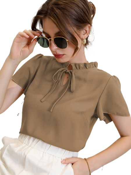 tie neck puff sleeve blouse d8v0#, White