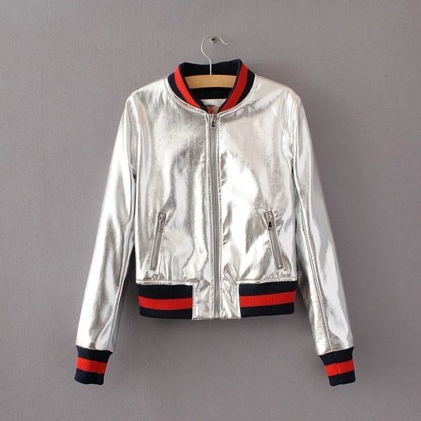 fashion autumn winter pu bright leather female metallic silver short coat slim women s coats clothing outwear baseball jacket 201026, Black;brown 
fashion autumn winter pu bright leather female metallic silver short coat slim women s coats clothing outwear baseball jacket 201026, Black;brown