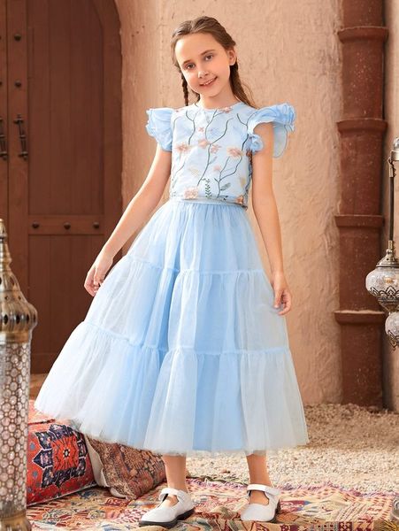 girls ruffle armhole embroidery mesh & tiered mesh skirt set she, White 
girls ruffle armhole embroidery mesh & tiered mesh skirt set she, White
