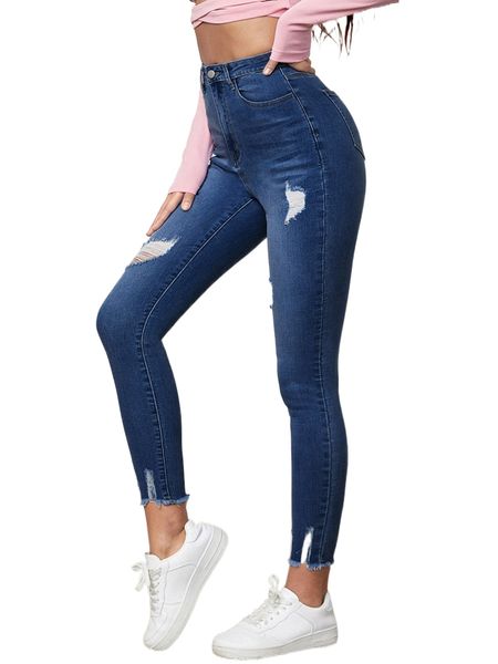 high waist ripped raw hem skinny jeans i73q#, Blue 
high waist ripped raw hem skinny jeans i73q#, Blue