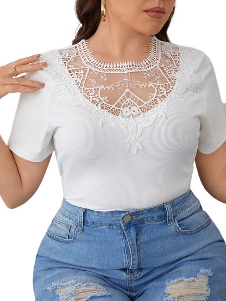 plus guipure lace panel tee q9gf#, Black 
plus guipure lace panel tee q9gf#, Black