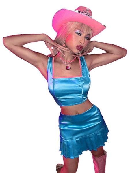 frilled square neck satin & pleated skirt o9hj#, White
frilled square neck satin & pleated skirt o9hj#, White