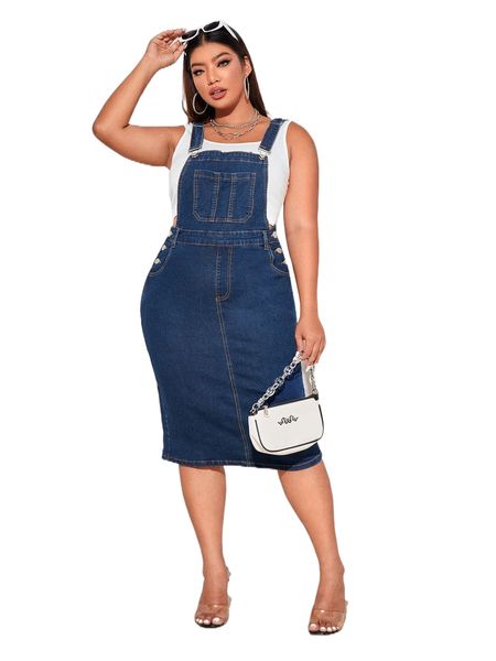 plus split back pinafore denim dress without tank v0gu#, Black