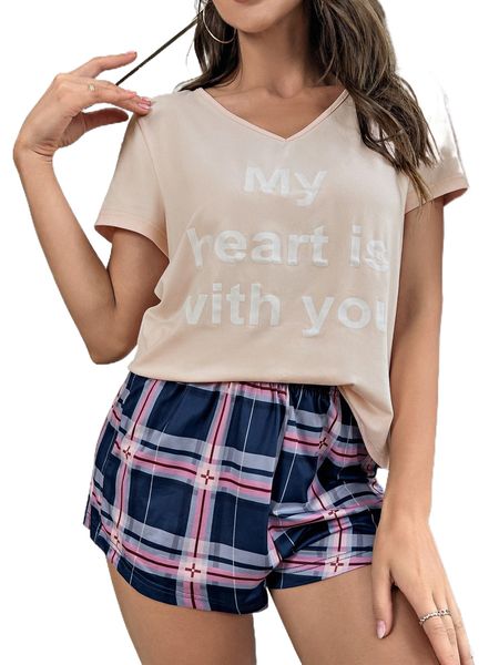 slogan graphic tee & plaid shorts pj set v9zs#, Black;red
slogan graphic tee & plaid shorts pj set v9zs#, Black;red