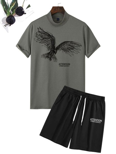 men eagle & letter graphic tee & drawstring waist shorts 91yn#, Gray