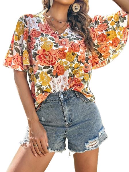 floral print butterfly sleeve blouse m8gb#, White