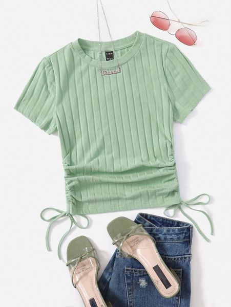 drawstring ruched side rib-knit tee o0f4#, White
drawstring ruched side rib-knit tee o0f4#, White