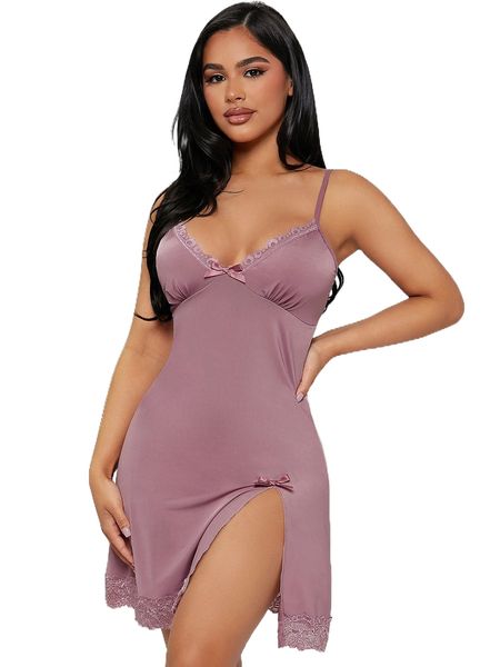 lace trim bow front split hem cami nightdress i5aj#, Black;red 
lace trim bow front split hem cami nightdress i5aj#, Black;red