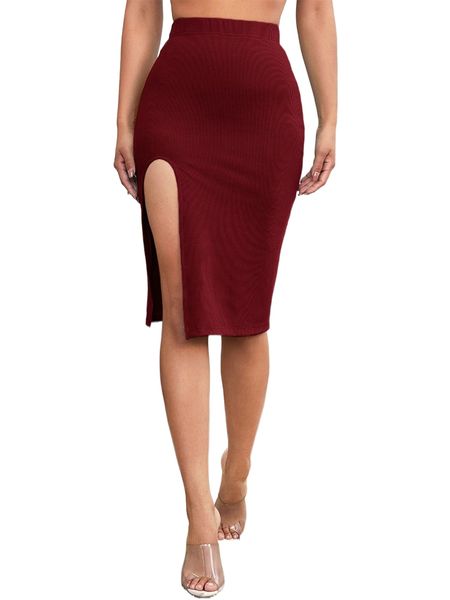 rib-knit split midi skirt m4il#, Black