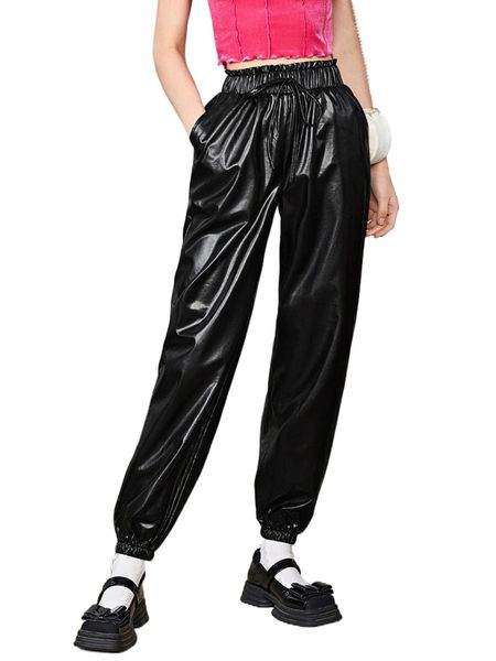 paperbag waist pu leather pants 19xe#, Black;white