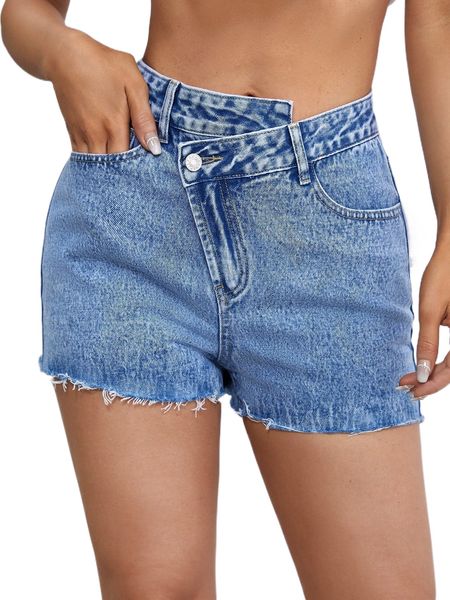 asymmetrical waist frayed hem denim shorts x0vg#, White;black