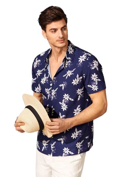 men allover floral print shirt n67z#, White;black