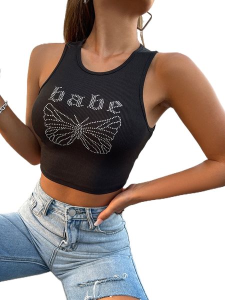 rhinestone butterfly and letter pattern rib-knit crop tank m6ua#, White