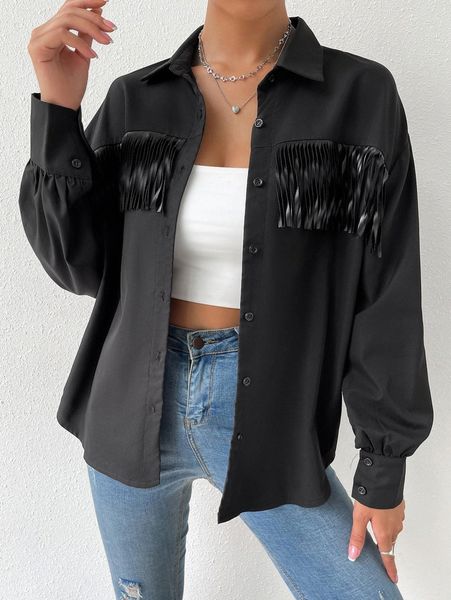fringe detail drop shoulder shirt g59l#, White 
fringe detail drop shoulder shirt g59l#, White