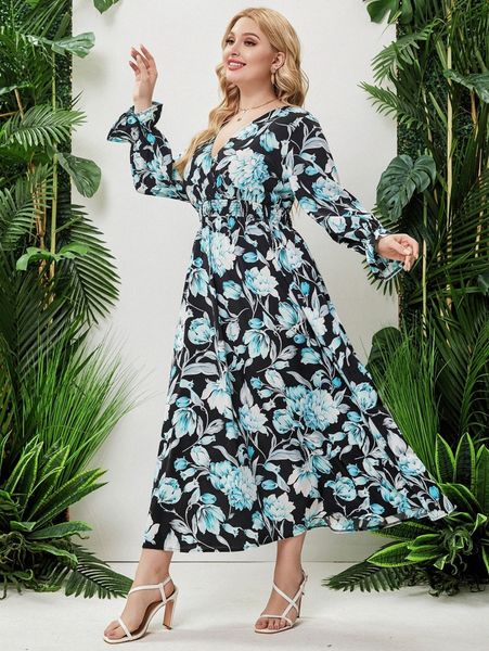 plus random floral print shirred flounce sleeve dress j7cn#, Black