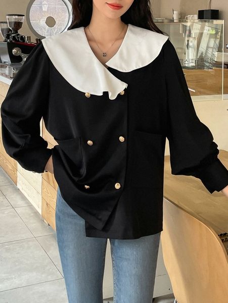 dazy contrast collar double button front blouse q4uq#, White
dazy contrast collar double button front blouse q4uq#, White