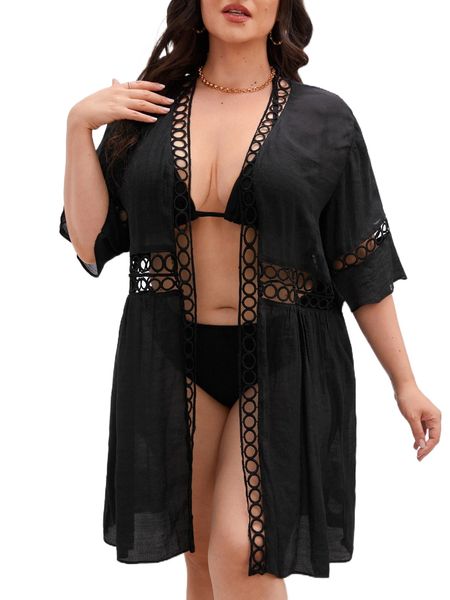 plus cut-out trim open front kimono o4jw#, Black;gray 
plus cut-out trim open front kimono o4jw#, Black;gray