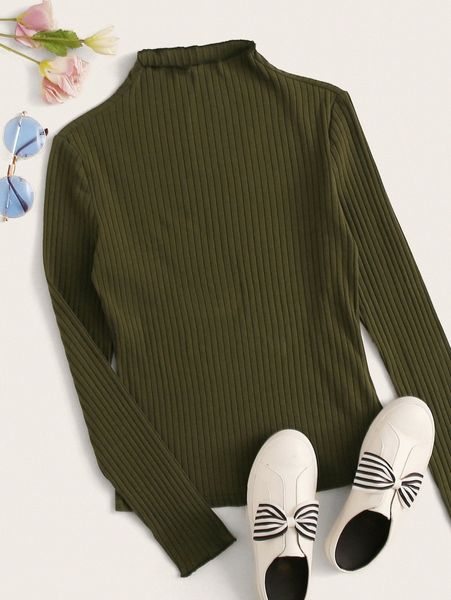 mock-neck lettuce trim rib-knit p5k1#, White
mock-neck lettuce trim rib-knit p5k1#, White