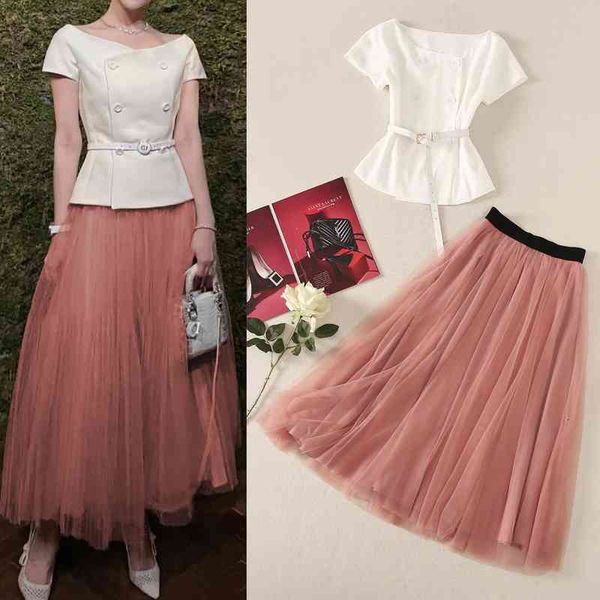 women's two piece pants summer celebrity women's one line neck double breasted high waist mesh skirt suit with belt, White
women's two piece pants summer celebrity women's one line neck double breasted high waist mesh skirt suit with belt, White