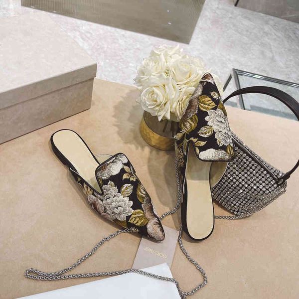slippers women's pointed mule spring shoes embroidered outdoor slippers, Black