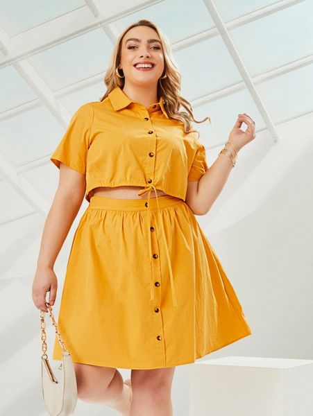 plus drawstring hem crop & skirt 36rj#, Black