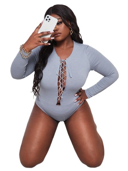 sxy plus cut out lace up front bodysuit u6or#, Black
sxy plus cut out lace up front bodysuit u6or#, Black