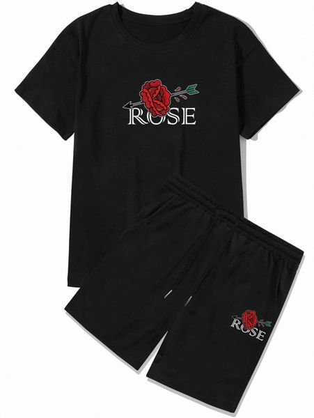 romwe guys rose graphic tee & shorts d5g4#, Gray 
romwe guys rose graphic tee & shorts d5g4#, Gray